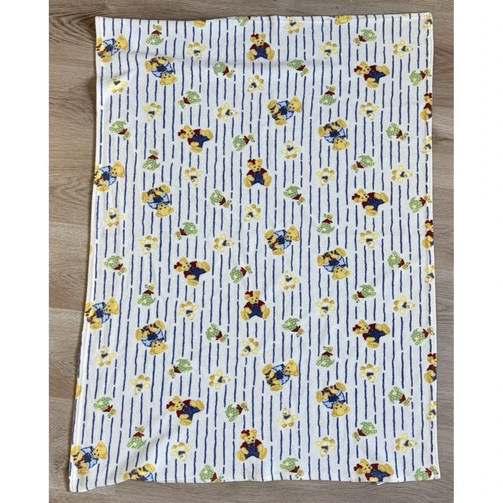 Vintage Springmaid Blue Jean Teddy Fleece Baby Blanket 31x40 Crib Nursery Bear